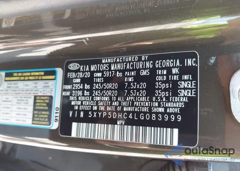 2020 Kia Telluride Sx z USA, uszkodzony, nr VIN 5XYP5DHC4LG083999